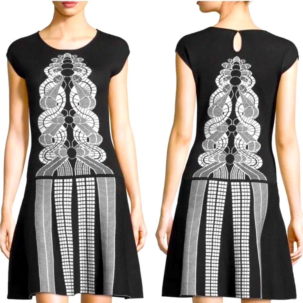 Max Studio Black & White Print Stretchy Jacquard Fit & Flare Dress Size Large